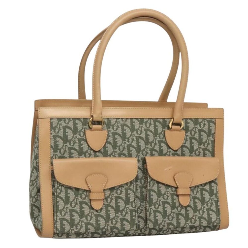 Christian Dior Vintage Trotter Double Pocket Tote Diorissimo Canvas Khaki Canvas